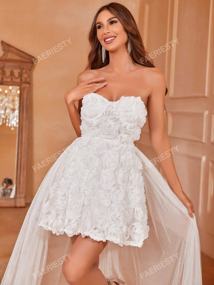 Mini Bridal Gown with 3D Flowers – Lightweight Tulle Dress for Summer Weddings XS S M XS-S-M-L-XL-