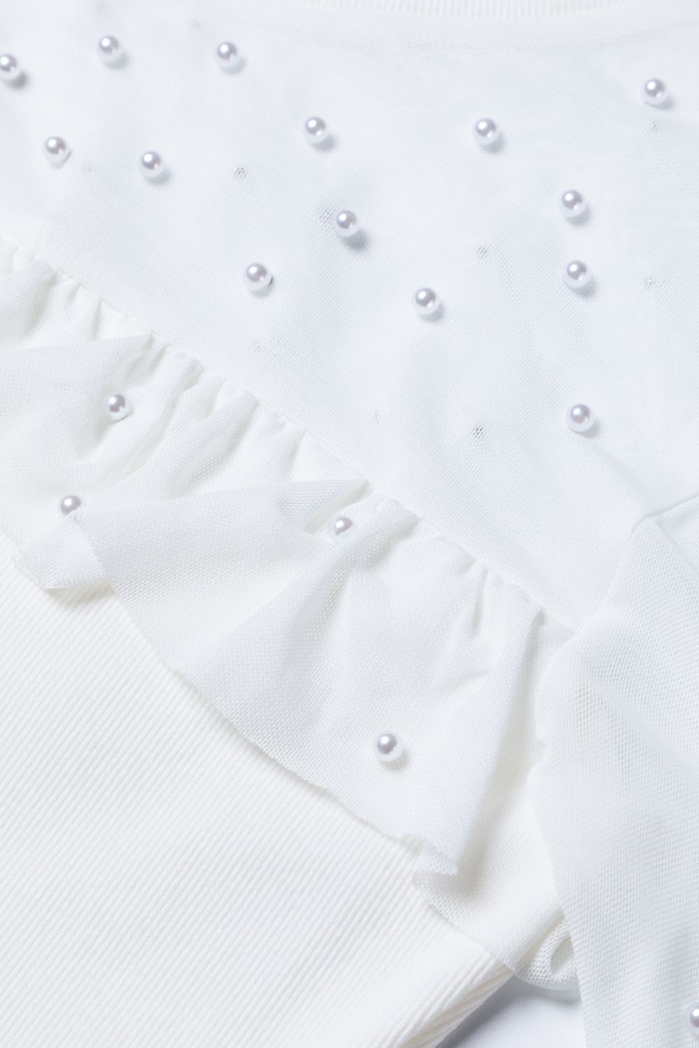 Pearl Decor Mesh Patchwork Ribbed Long Sleeve Top White / M White / L White / XL White / M-White / L-White / XL-White / S-