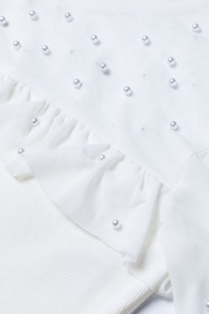 Pearl Decor Mesh Patchwork Ribbed Long Sleeve Top White / M White / L White / XL White / M-White / L-White / XL-White / S-