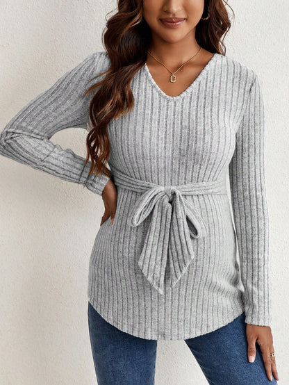 Maternity Solid Color Ribbed Knit T-Shirt With Long Sleeve