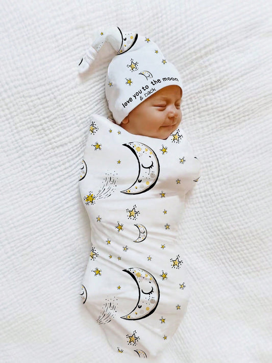 Adorable Newborn Baby Boy Star & Moon Print Blanket and Hat Photo Set