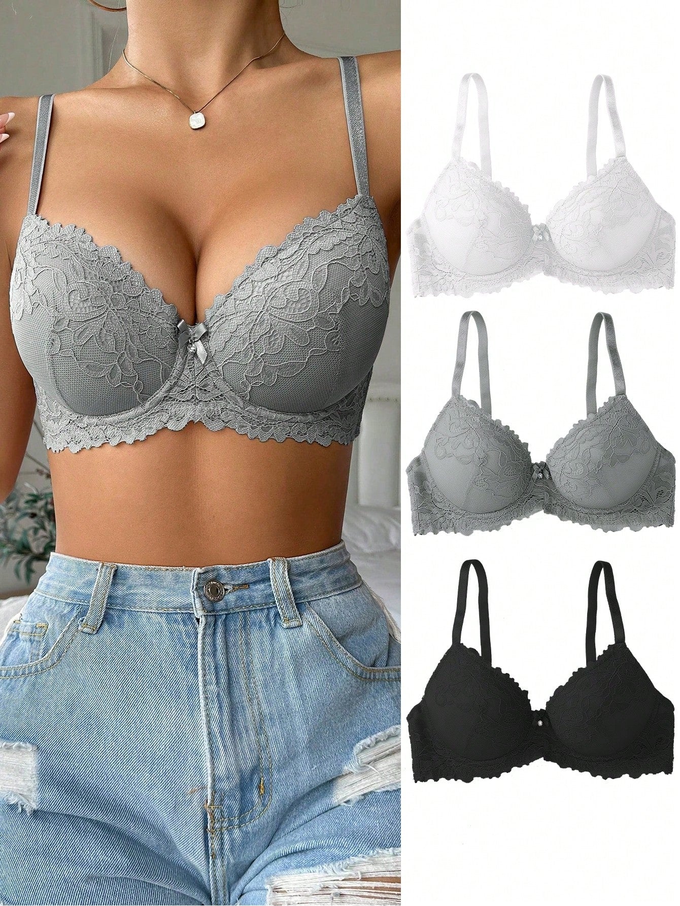 Floral Lace Underwire Bra Set - 3pcs Sleepwear Essentials for Ultimate Comfort and Style Multicolor-2