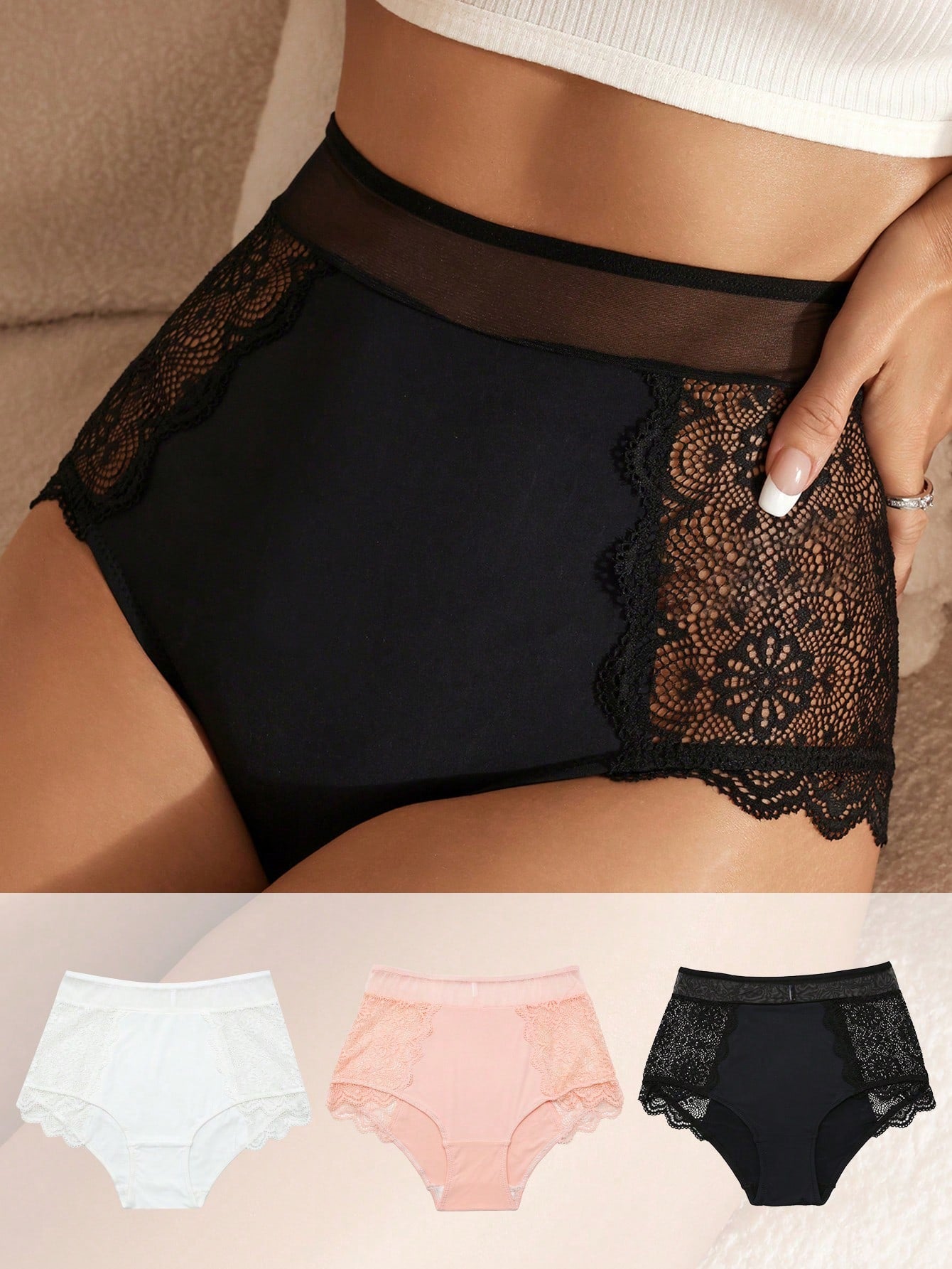 Chic and Comfortable: 3-Piece Lace Trim Panty Set for Ultimate Sleepwear Style S M L S-M-L-XL-
