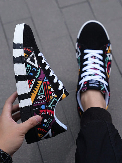 Trendy Men's Geometric Graffiti Canvas Sneakers – Stylish Lace-Up Sports & Skate Shoes