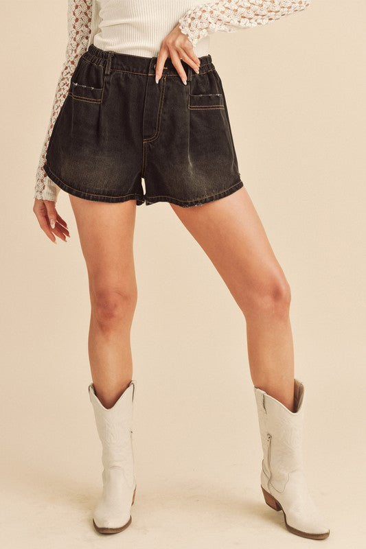 Aemi + Co Frayed Hem Elastic Waist Denim Shorts Black / S Black / M Black / L Black / S-Black / M-Black / L-
