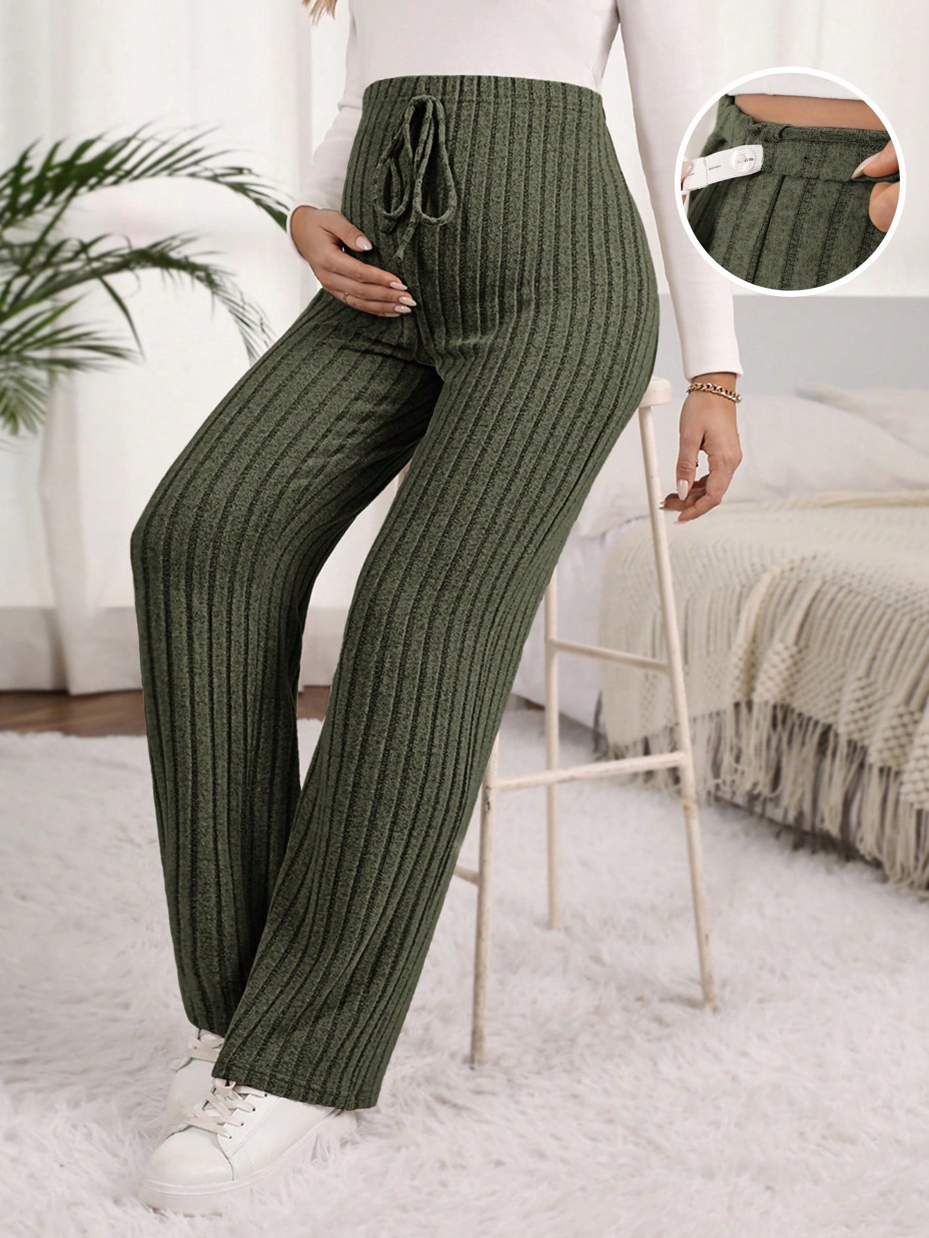 Maternity Solid Color Ribbed Pants with Adjustable Waistband