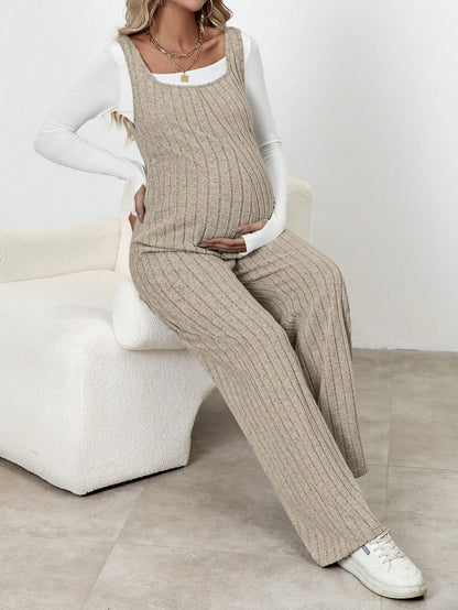 Chic Comfort: Solid Color Maternity Ribbed Knitted Jumpsuit