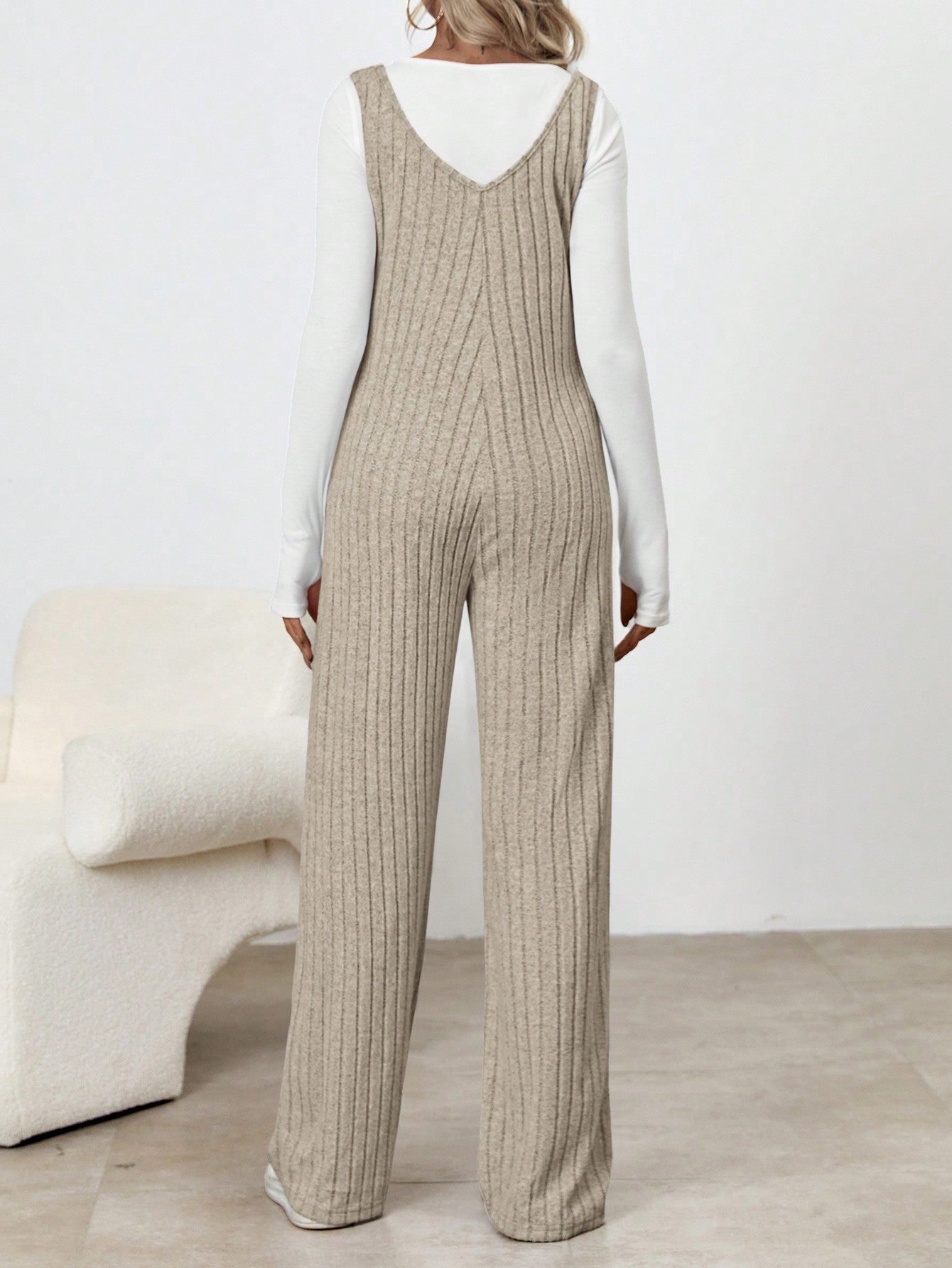 Chic Comfort: Solid Color Maternity Ribbed Knitted Jumpsuit