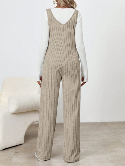 Chic Comfort: Solid Color Maternity Ribbed Knitted Jumpsuit