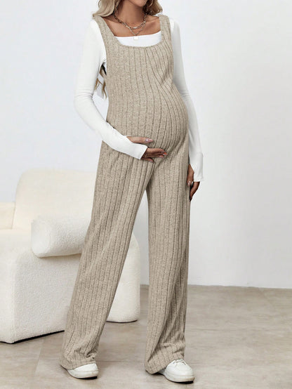 Chic Comfort: Solid Color Maternity Ribbed Knitted Jumpsuit