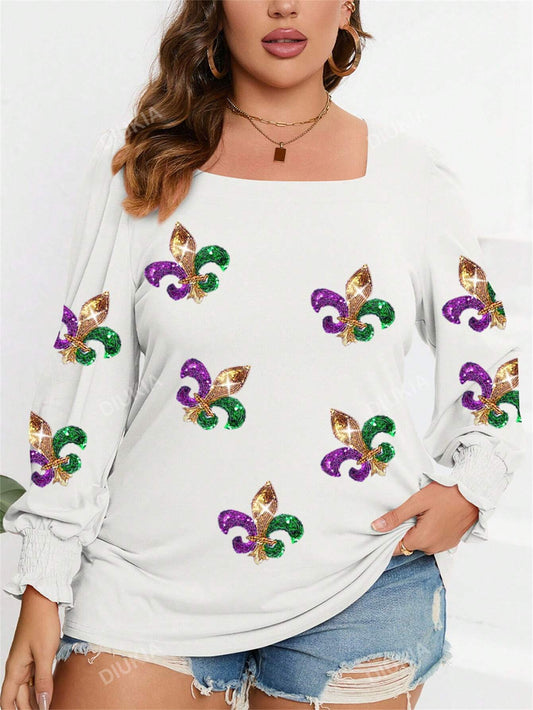 Plus Size Sequined Mardi Gras Graphic Tee - Celebrate in Style! 2XL 