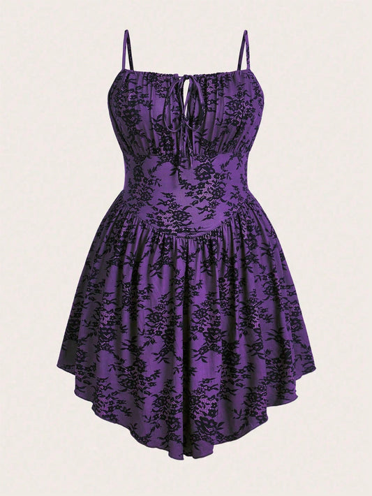 Embrace Your Edge: PUNK Plus Floral Print Tie Front Cami Dress for Gothic Style