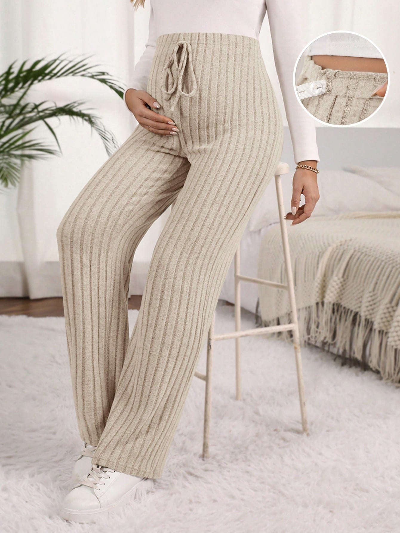 Maternity Solid Color Ribbed Pants with Adjustable Waistband