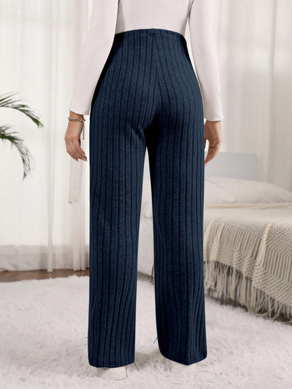 Maternity Solid Color Ribbed Pants with Adjustable Waistband