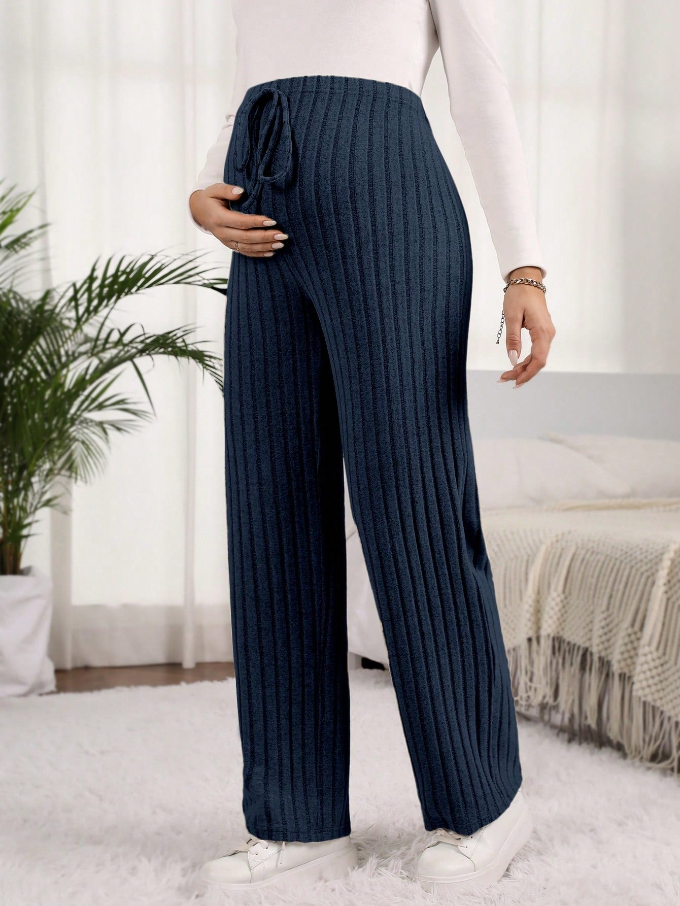 Maternity Solid Color Ribbed Pants with Adjustable Waistband