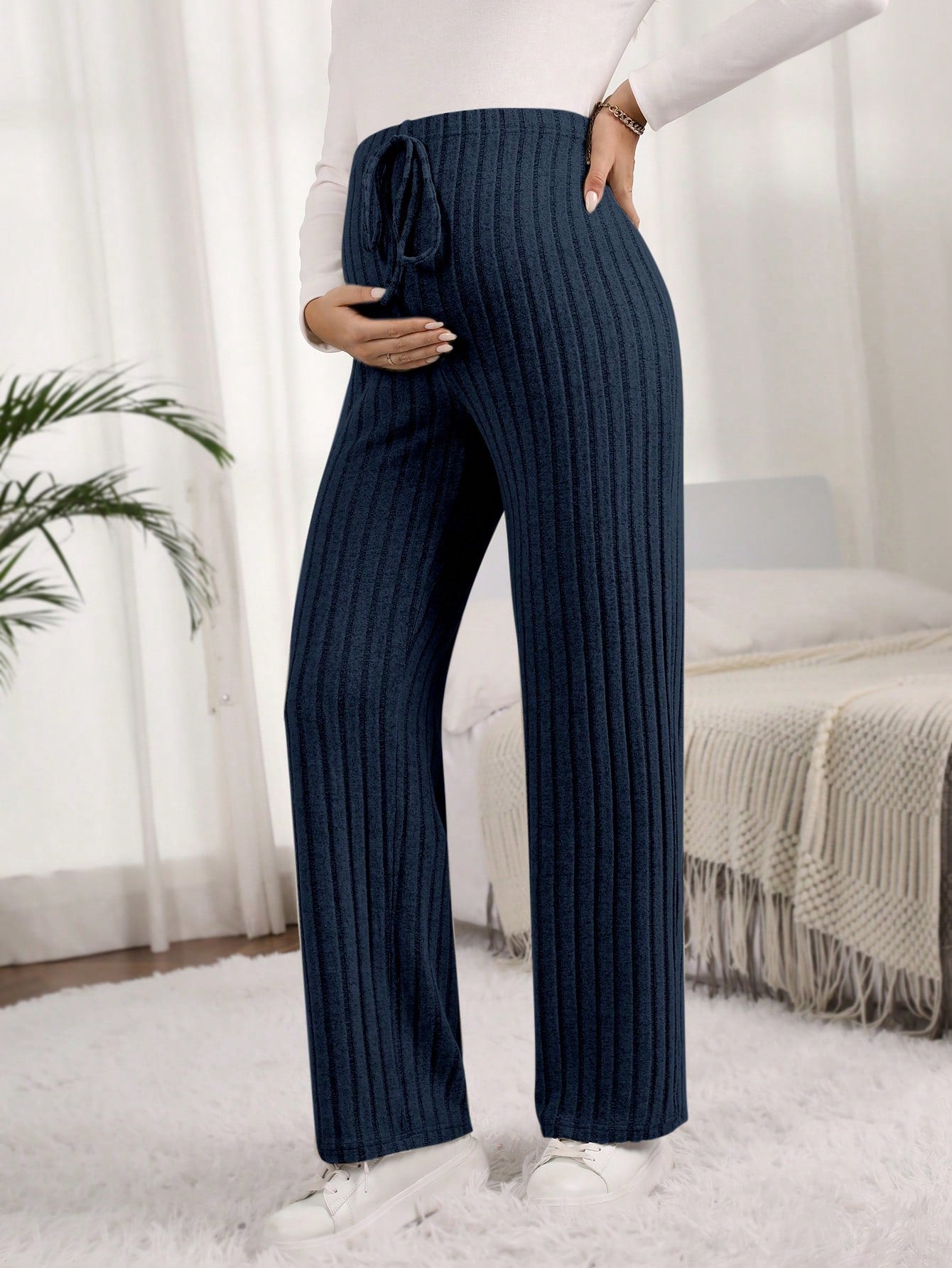 Maternity Solid Color Ribbed Pants with Adjustable Waistband