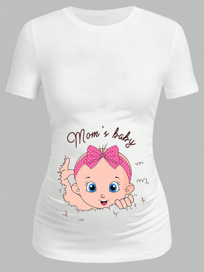 Cartoon Character Print Fitted Maternity T-Shirt - Comfortable Cotton Style