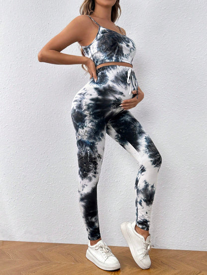 Chic Maternity Set: Tie-Dye Tank Top & Adjustable Waist Pants for Comfort and Style