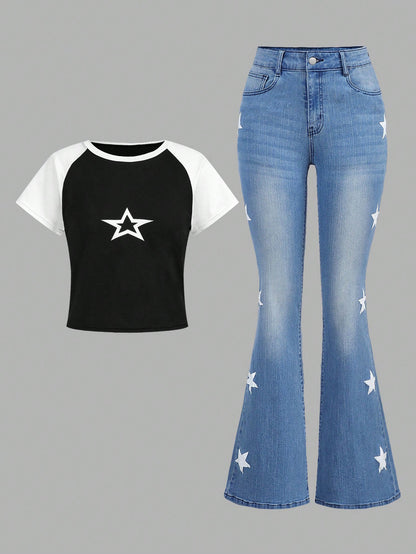 Trendy Teen Girls' Star-Pattern Color Block T-Shirt & Flared Jeans Two-Piece Set