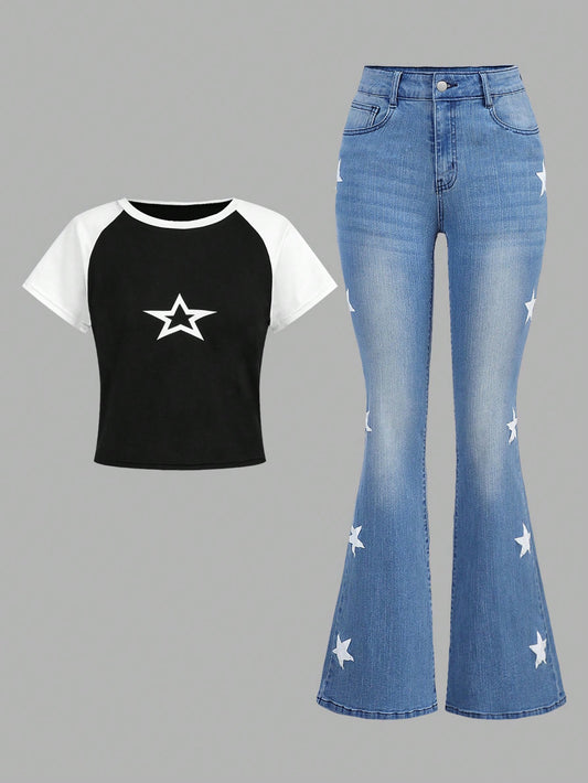 Trendy Teen Girls' Star-Pattern Color Block T-Shirt & Flared Jeans Two-Piece Set