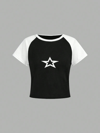 Trendy Teen Girls' Star-Pattern Color Block T-Shirt & Flared Jeans Two-Piece Set