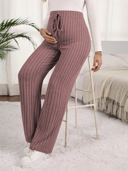 Maternity Solid Color Ribbed Pants with Adjustable Waistband