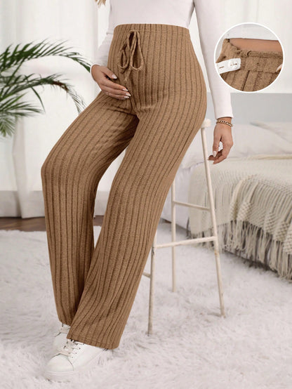 Maternity Solid Color Ribbed Pants with Adjustable Waistband