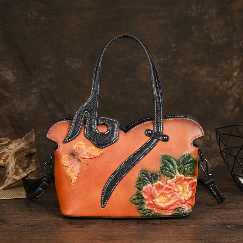 Timeless Vintage Floral Genuine Leather Handbag - Chic Cross-body Cheongsam Design - Authentic Traditional Chinese Style - Durable First-Layer Cowhide Shoulder Bag for Women - Fashionqueene.com