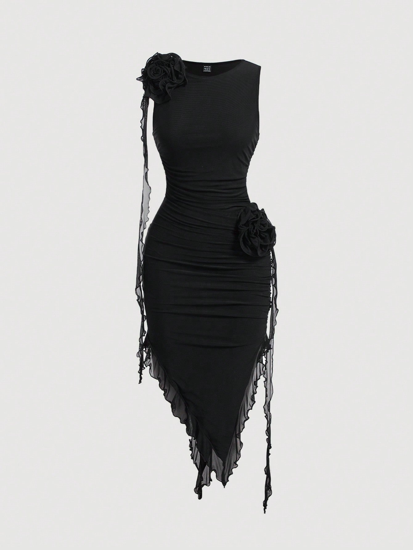 Chic Pastel 3D Flower Bodycon Dress with Asymmetrical Hem for Effortless Elegance Black