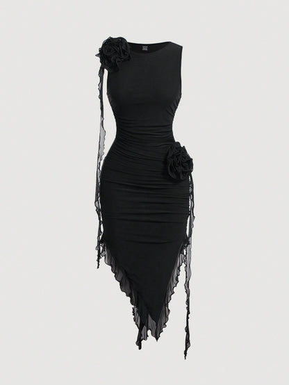 Chic Pastel 3D Flower Bodycon Dress with Asymmetrical Hem for Effortless Elegance Black