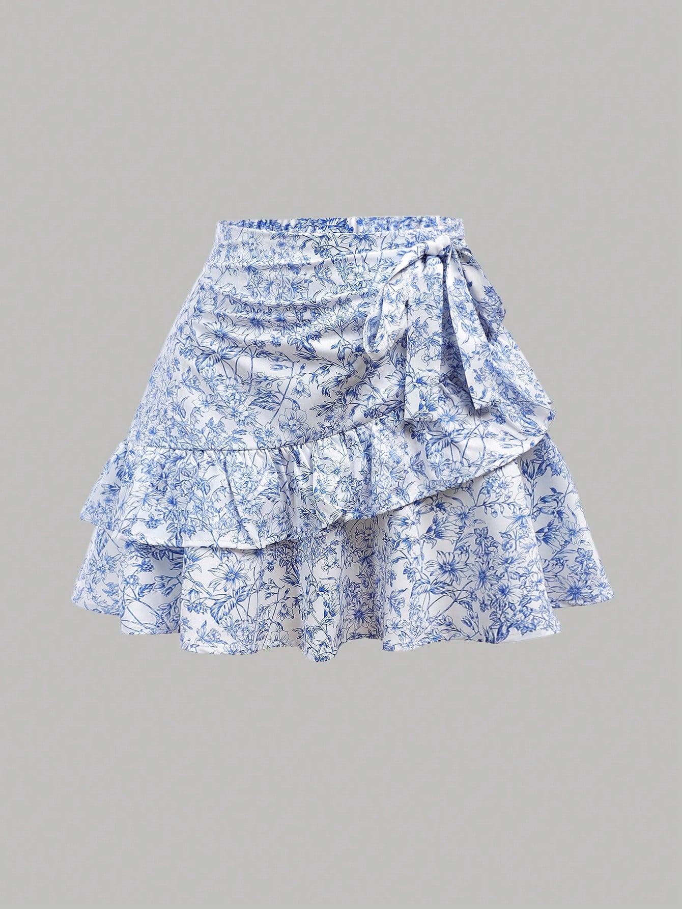 Charming Blue & White Porcelain Print Patchwork Skirt with Ruffle Hem for Trendy Teens