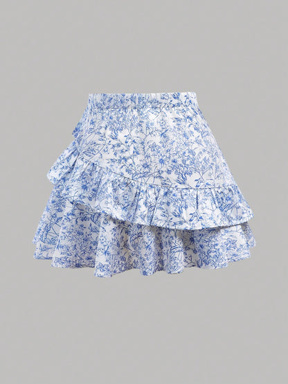 Charming Blue & White Porcelain Print Patchwork Skirt with Ruffle Hem for Trendy Teens