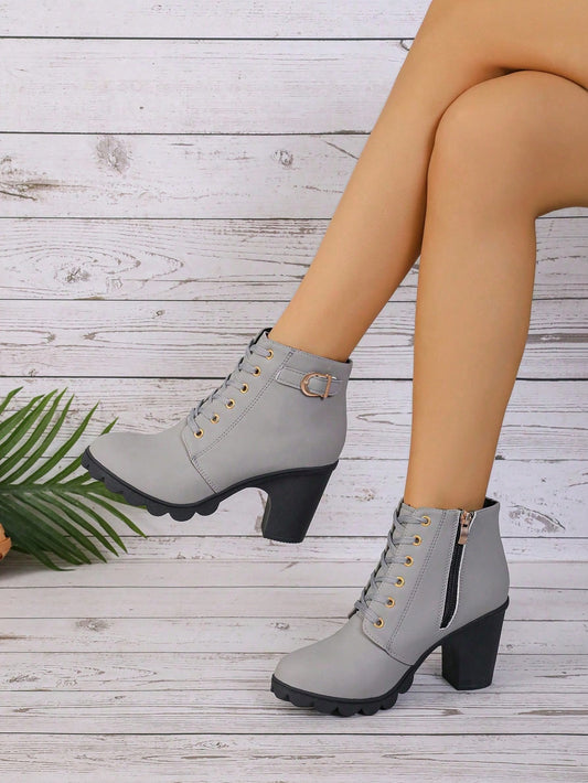 Chic Gray Lace-Up Ankle Boots with Side Zipper and Chunky High Heel