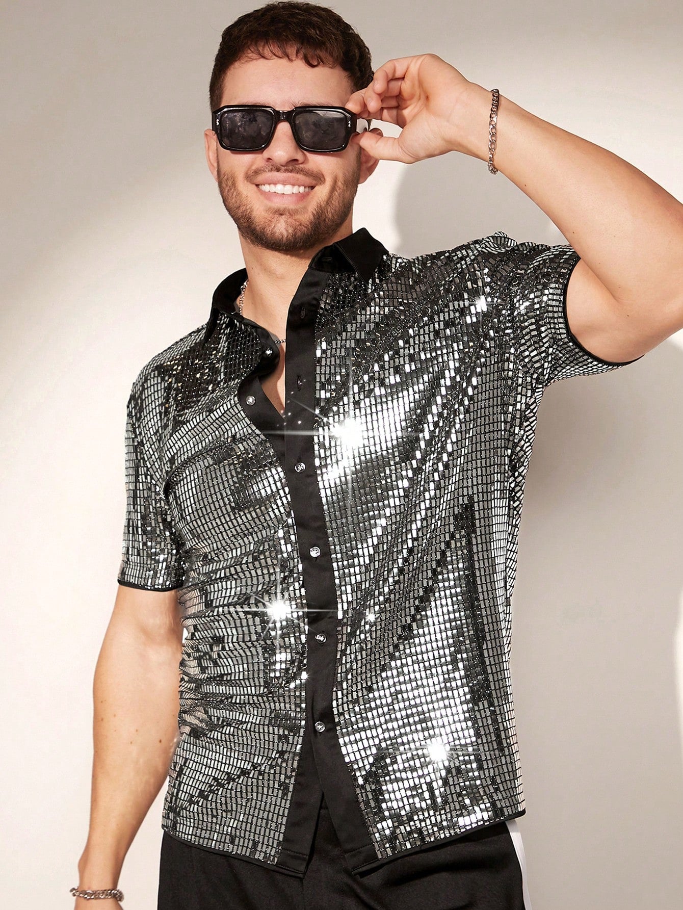 Shimmer & Shine: FeverCity Men's Summer Rave Sequin Party Shirt Black / S Black / M 