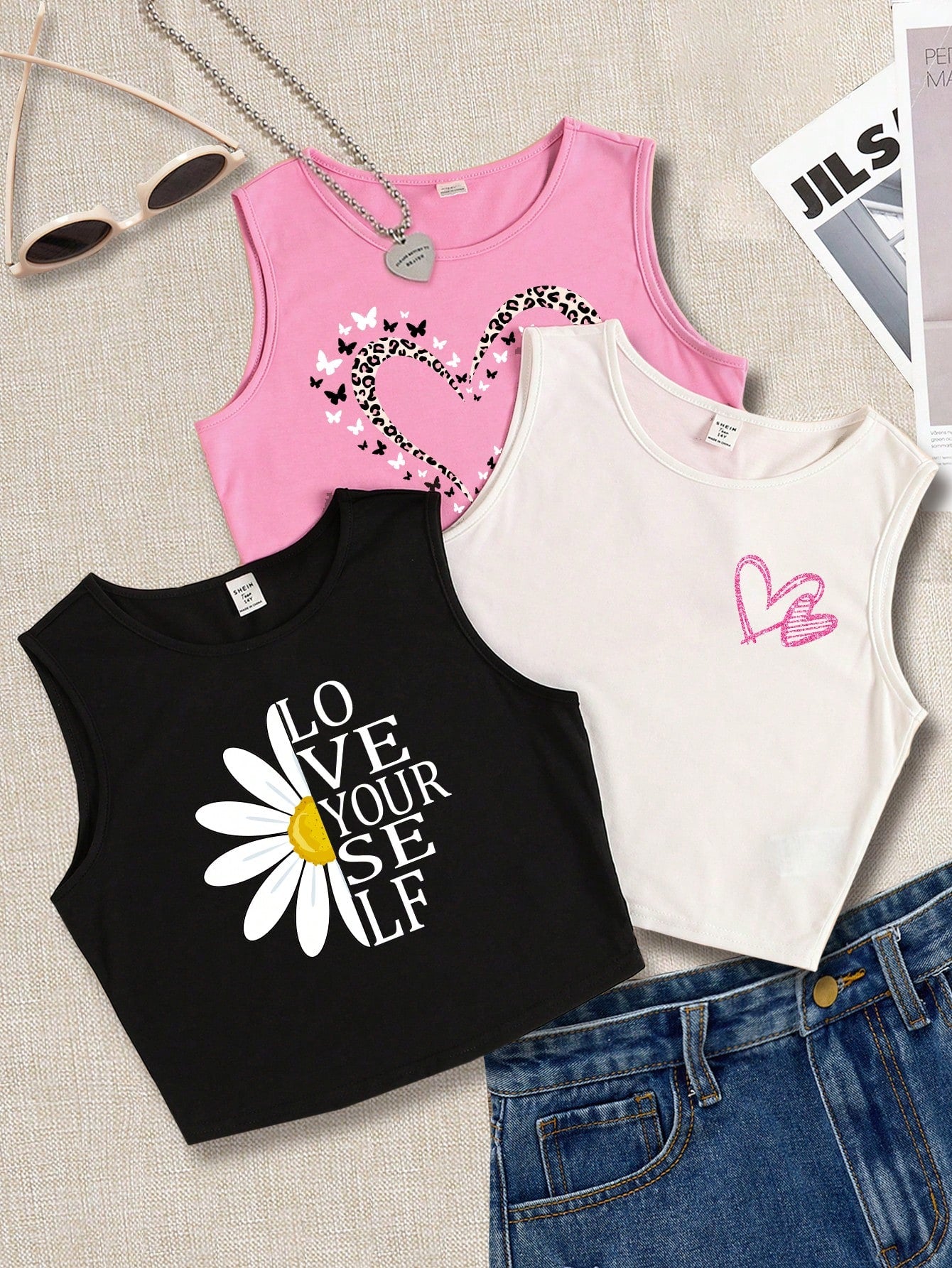 Chic Summer Vibes: 3-Piece Heart & Leopard Pattern Tank Set for Teen Girls