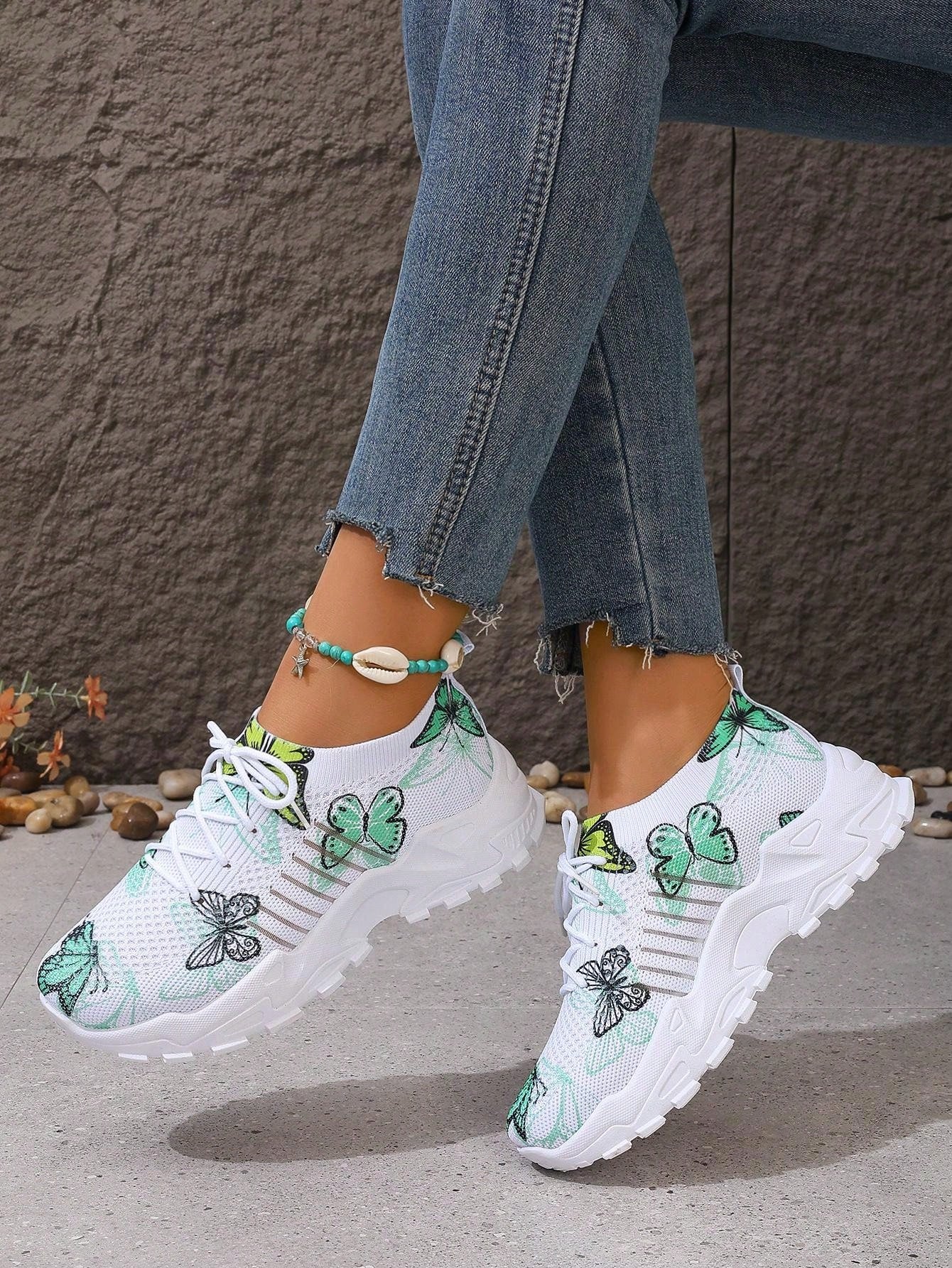 Butterfly Mesh Sneakers, Color-Block Low-Top Comfortable Running Shoes