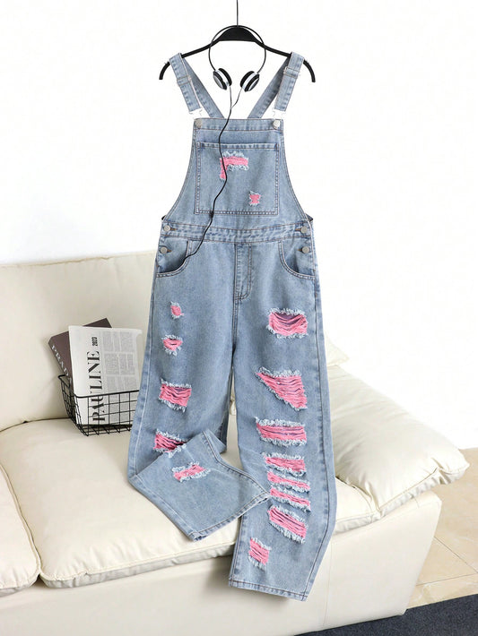 Chic & Casual: Pink Colorblock Distressed Denim Overalls for Teen Girls