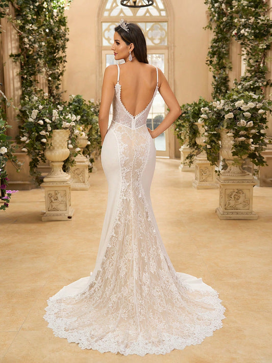 Belle Elegant Strapless Mermaid Wedding Dress with Sheer Tulle and Lace Appliqués