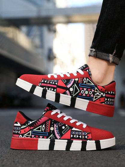 Trendy Men's Geometric Graffiti Canvas Sneakers – Stylish Lace-Up Sports & Skate Shoes