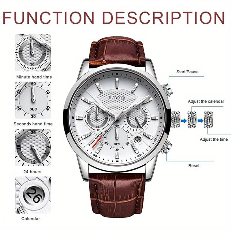 LIGE Fashion Watch Men's Top Brand Luxury Quartz Watch Leather Strap 30m Waterproof Business Casual Leather Watch Clock - Fashionqueene.com