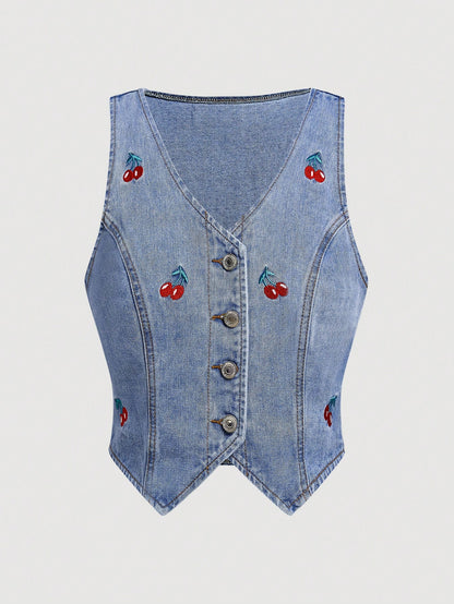Summer-Ready Women's Casual Cherry Embroidery Sleeveless Denim Jacket
