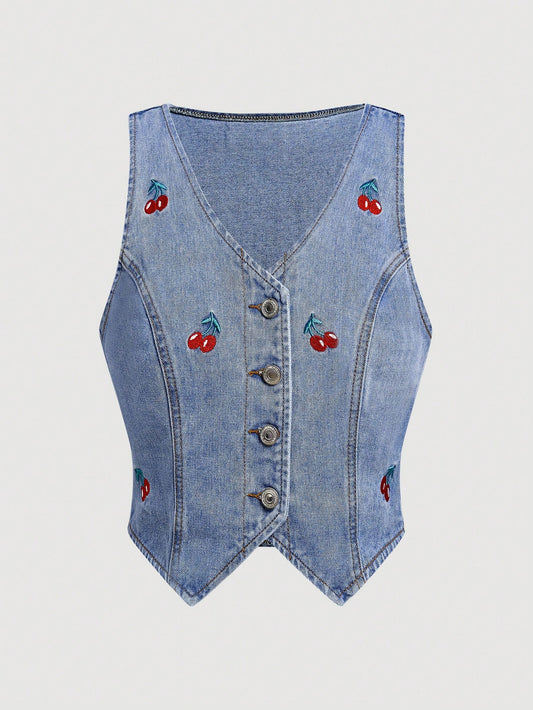 Summer-Ready Women's Casual Cherry Embroidery Sleeveless Denim Jacket XS S M XS-S-M-L-