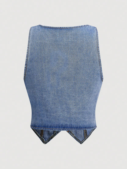 Summer-Ready Women's Casual Cherry Embroidery Sleeveless Denim Jacket