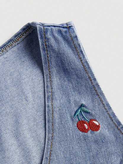 Summer-Ready Women's Casual Cherry Embroidery Sleeveless Denim Jacket