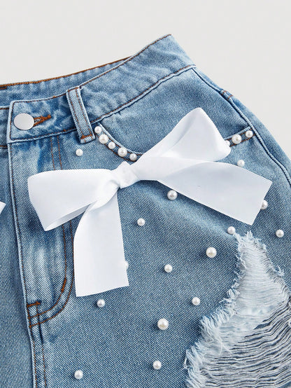 Trendy Distressed Denim Shorts with Pocket Inserts and Bow Details 26 27 28 26-27-28-30-31-
