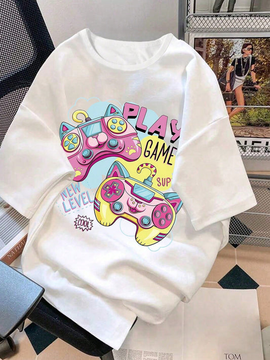 Fun & Playful Teen Girls' Cartoon Print Casual T-Shirt - Perfect for Summer Style!