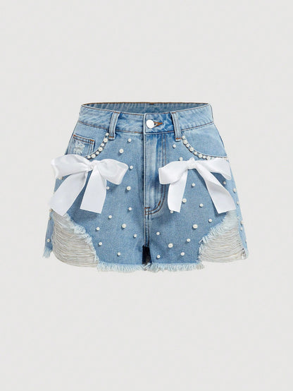 Trendy Distressed Denim Shorts with Pocket Inserts and Bow Details 26 27 28 26-27-28-30-31-