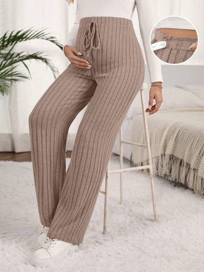 Maternity Solid Color Ribbed Pants with Adjustable Waistband