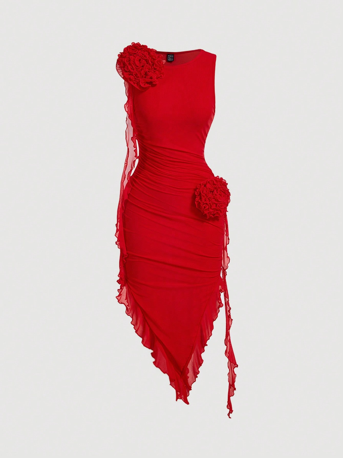 Chic Pastel 3D Flower Bodycon Dress with Asymmetrical Hem for Effortless Elegance Red