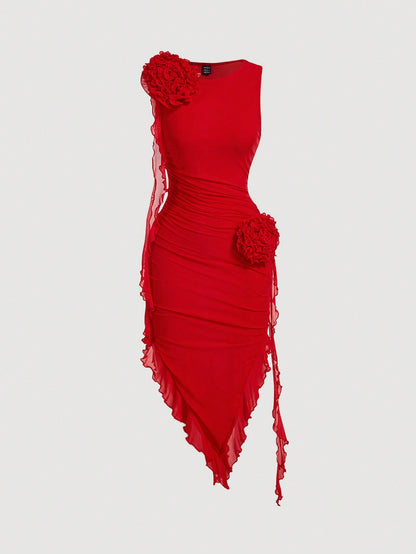 Chic Pastel 3D Flower Bodycon Dress with Asymmetrical Hem for Effortless Elegance Red
